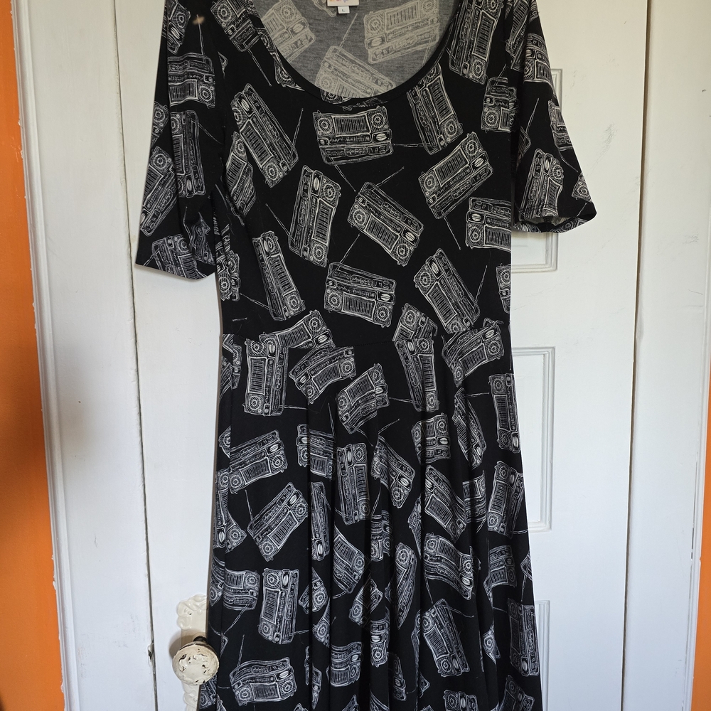 LuLaRoe Black and White Boombox Print Midi Dress